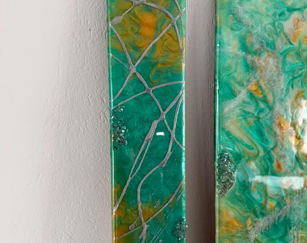 Aegean Dawn Resin Wall Art Triptych: Green & Gold Crystal Painting