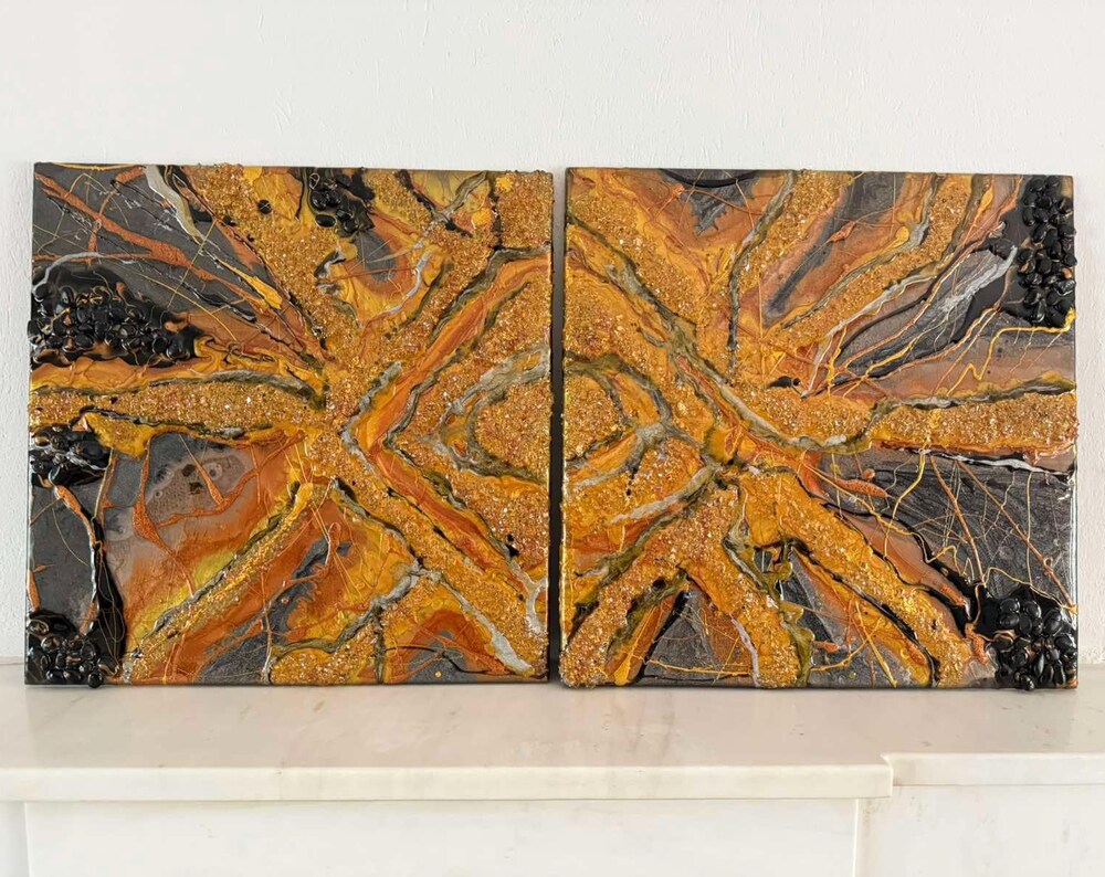 Textured Resin Art Painting: Black, Gold, Copper, Silver - Set of 2
